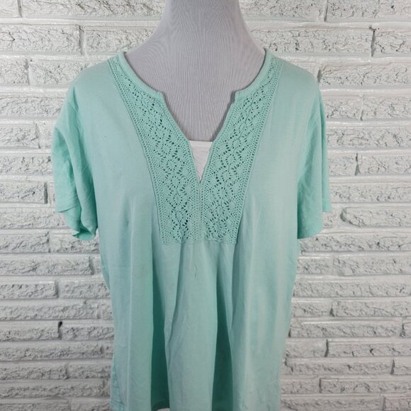 Basic Editions Womens Top 2X Plus Short Sleeve Blue Cotton Crochet Trim BLU132E - Picture 3 of 7